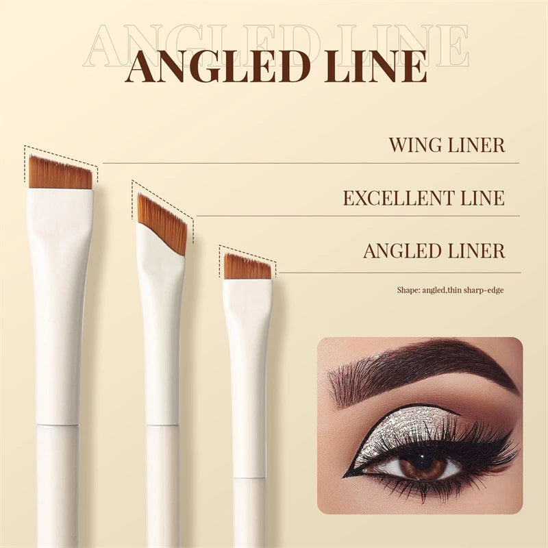 A set of precision angled eyeliner and eyebrow makeup brushes shown next to an example of winged eyeliner application.