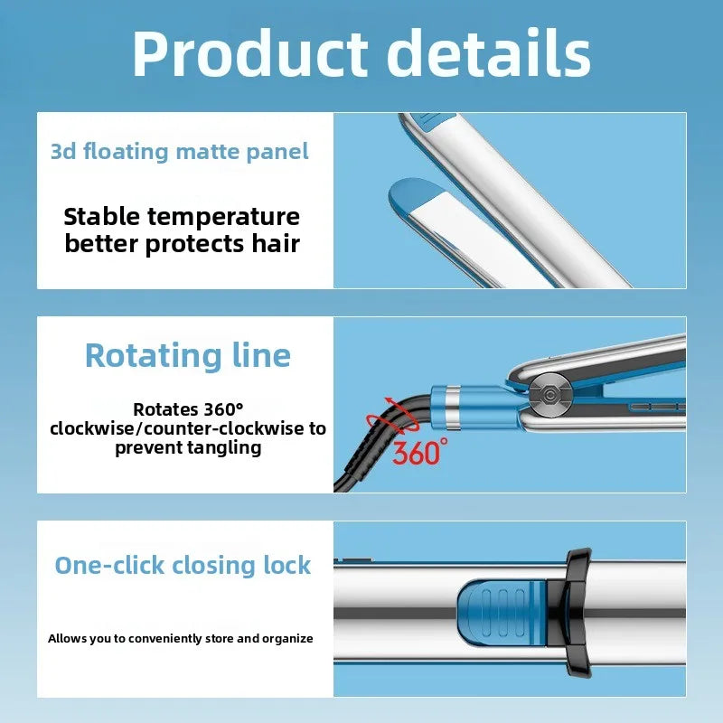 Close-up view of a silver hair styling iron with a rotating line and one-click closing lock.