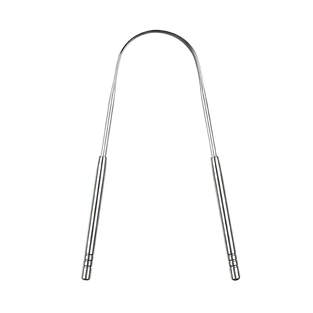 A stainless steel tongue scraper with a long handle for oral hygiene.