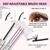 A cosmetic brush head with adjustable angles shown alongside instructions for applying lash glue to natural lashes.