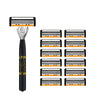 A black safety razor handle and multiple replaceable blades are shown.