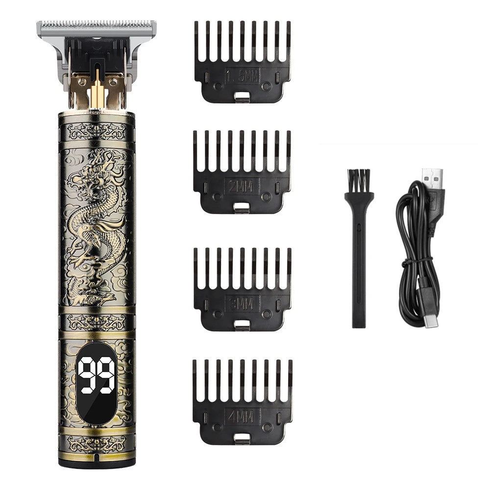 Professional rechargeable hair grooming kit with multiple metal combs and a charging cable