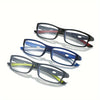 A set of three rectangular anti-blue light reading glasses in black, blue, and gray frames.