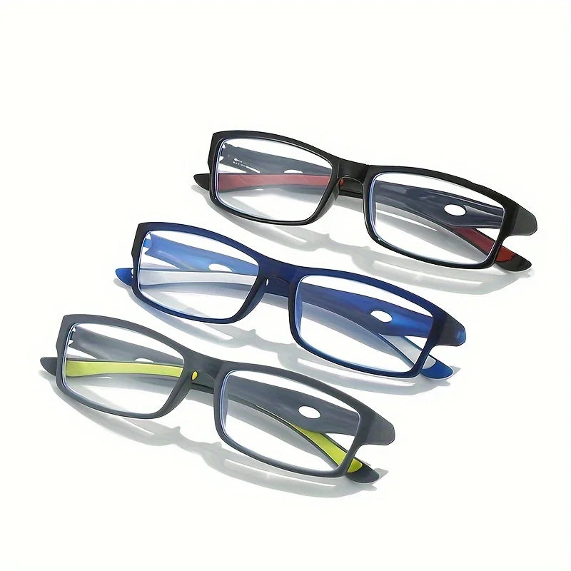 A set of three rectangular anti-blue light reading glasses in black, blue, and gray frames.