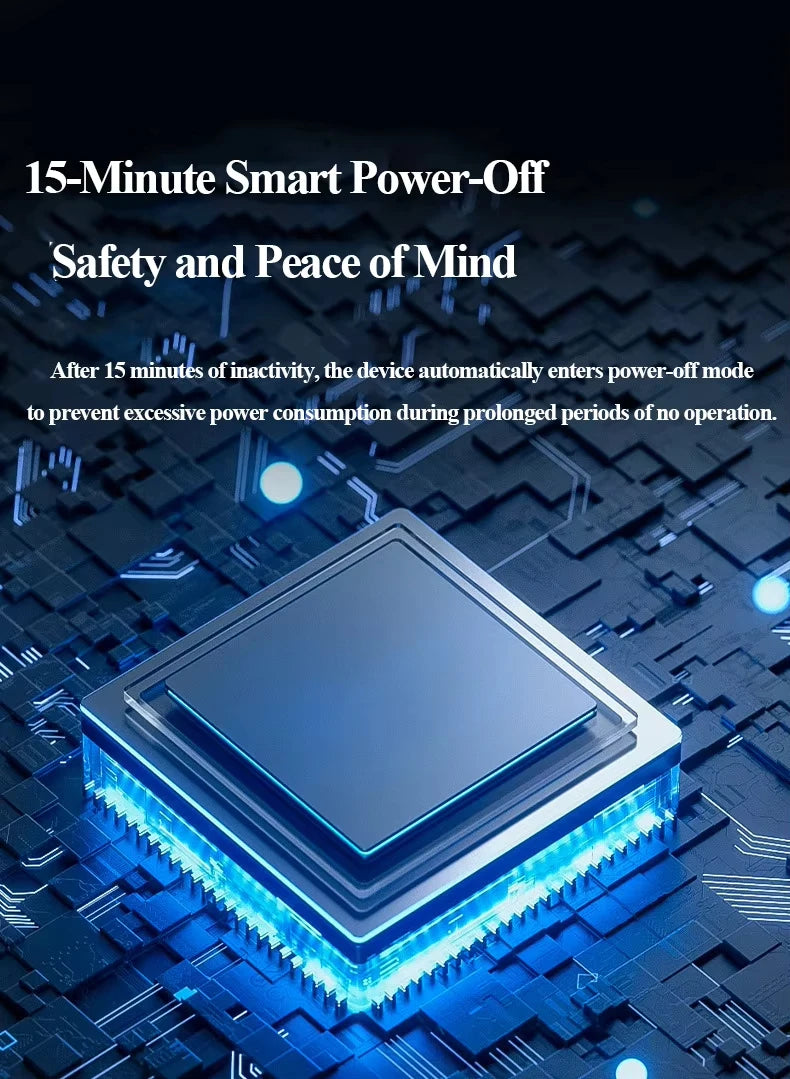 A square electronic device with blue glowing edges rests on a circuit board background.