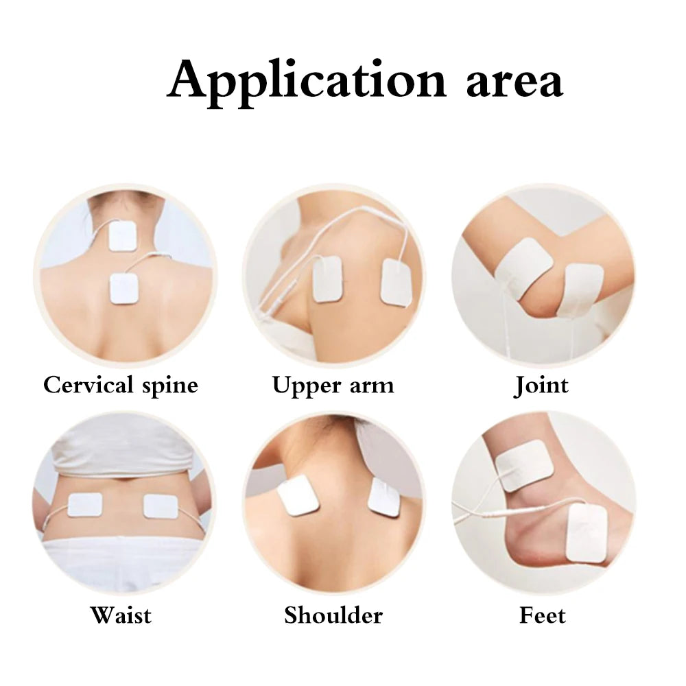 Diagram showing various application areas for reusable non-woven electrode pads, including cervical spine, upper arm, and joi