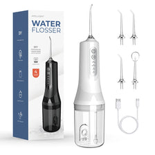 A white portable electric dental floss and oral irrigator device shown next to its packaging box.
