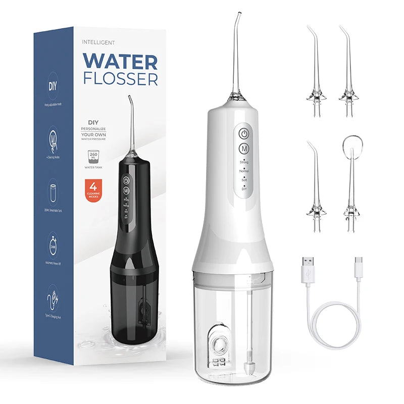 A white portable electric dental floss and oral irrigator device shown next to its packaging box.