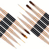 A set of professional double-ended nail art brushes with gold and black handles.