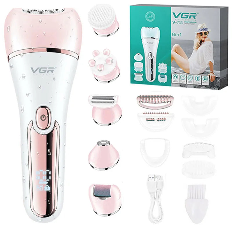 A collection of VGR multi-functional electric body and facial epilator tools in pink and white.