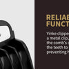 A close-up view of a metal clipper guard with a sliding mechanism, highlighting its durability and function.