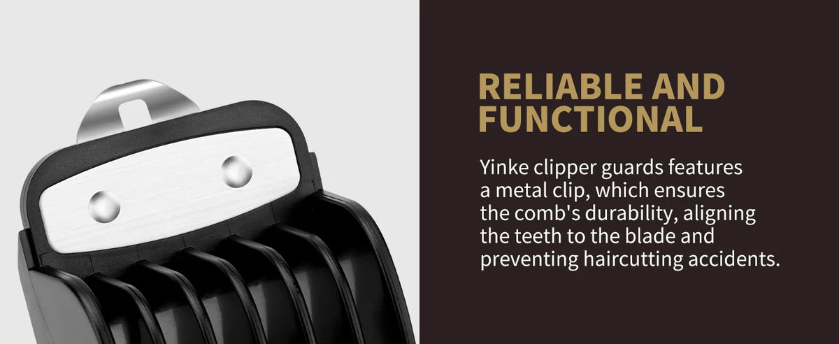 A close-up view of a metal clipper guard with a sliding mechanism, highlighting its durability and function.
