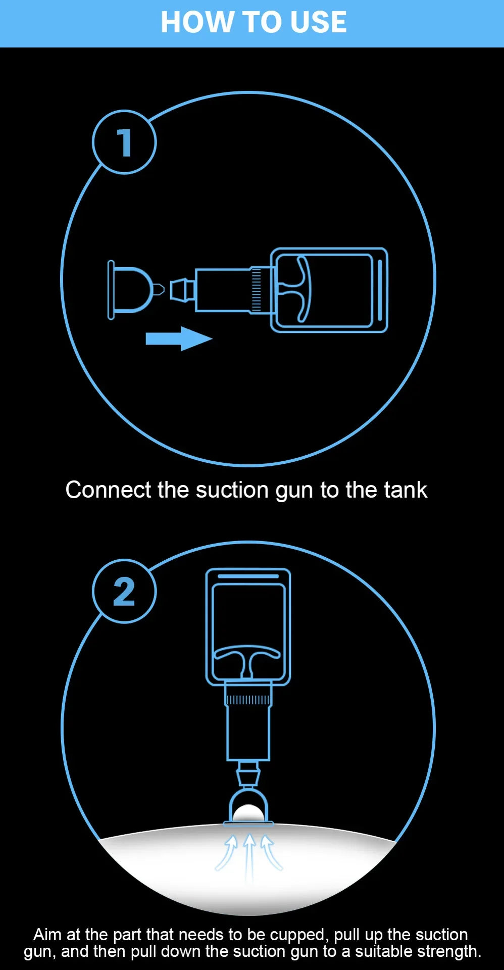 Instructions for using a professional vacuum cupping therapy set, showing steps to connect the suction gun and apply suction.