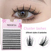 A close-up of a woman's eye showing cluster lashes and a box of Miofia false eyelashes for different styles.