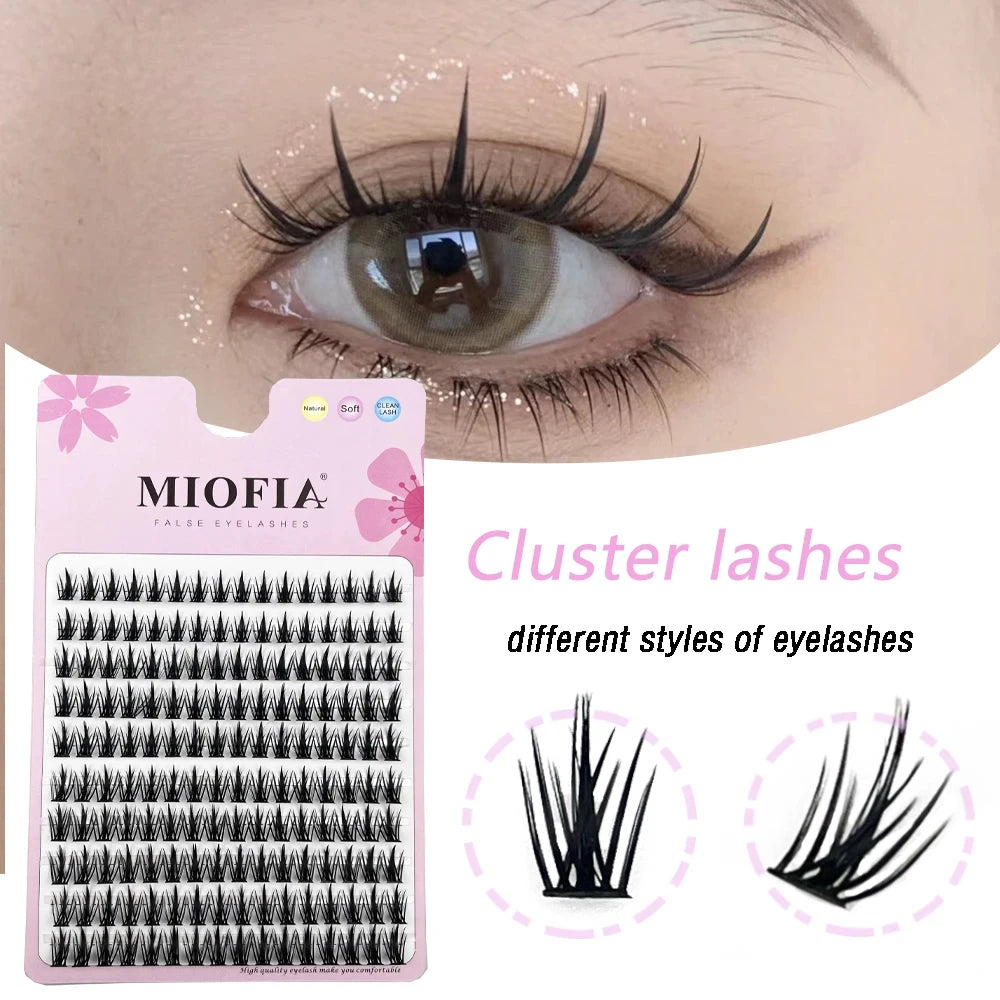 A close-up of a woman's eye showing cluster lashes and a box of Miofia false eyelashes for different styles.