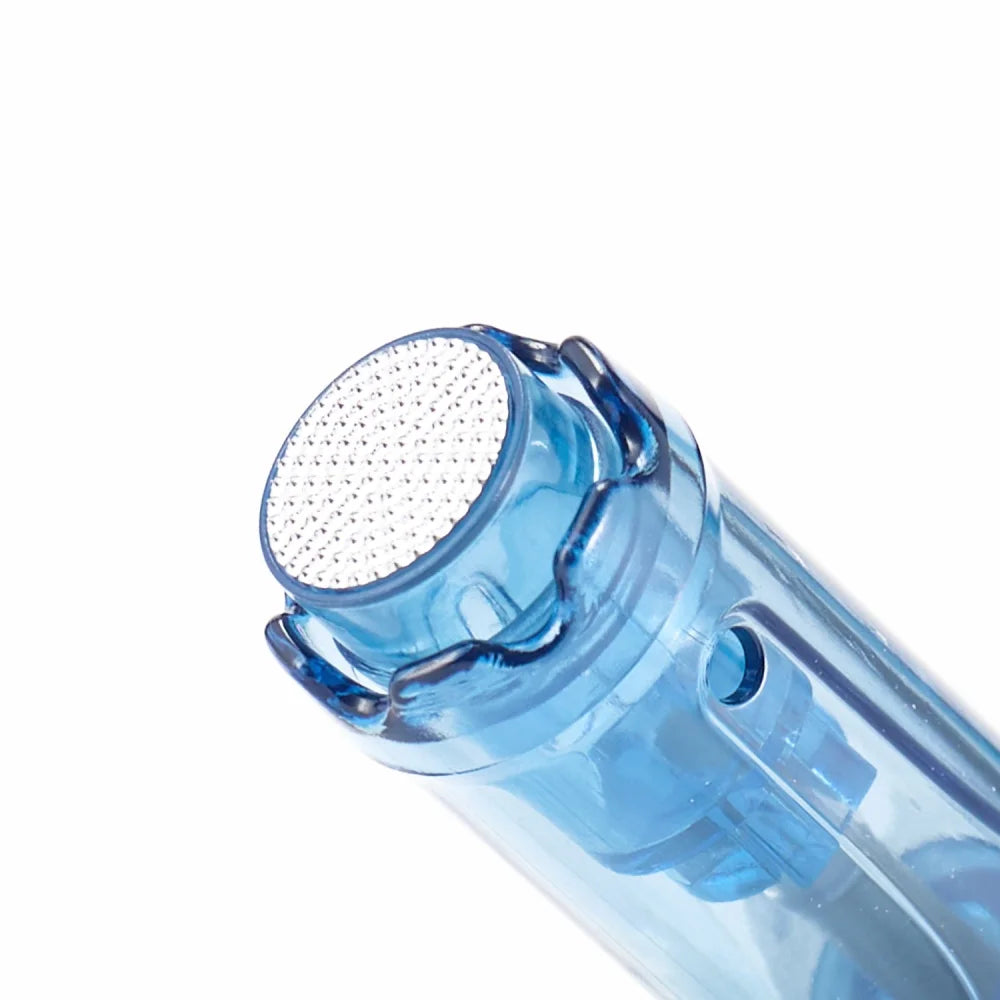 Close-up view of a blue professional wireless microneedling pen with a perforated tip.