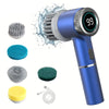 A blue electric spin scrubber with a brush head showing 99% battery life and various replacement brush heads.