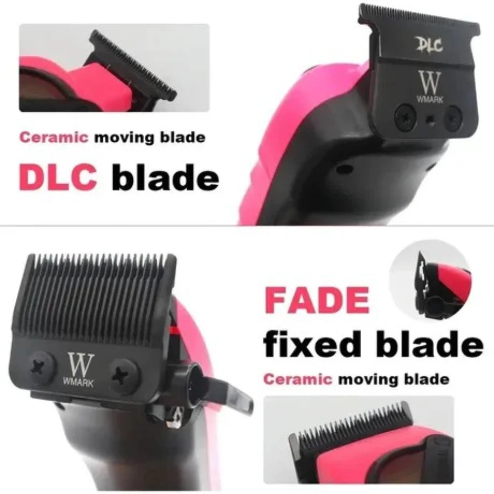 A set of professional cordless hair trimmer blades including a DLC moving blade and a FADE fixed blade.