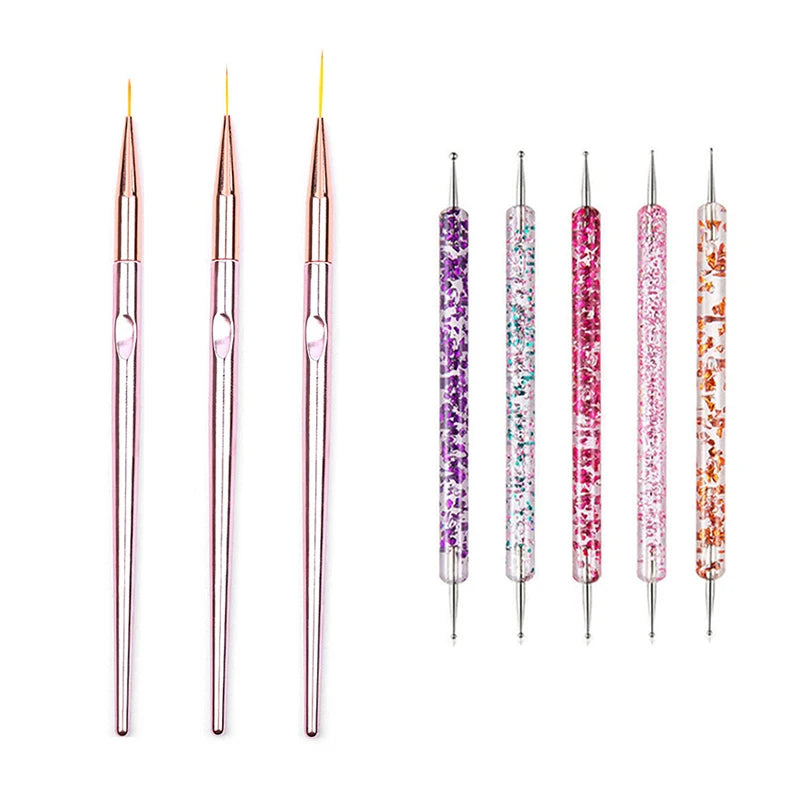 A set of precision nail art brushes with various sizes and colors for gel and acrylic polish.
