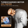 A close-up of a turbocharged motor device is shown next to a model's head, illustrating its power and RPM range.