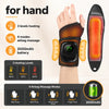 A hand-held electric massager device with a silicone grip and battery, showing heating levels and massage modes.