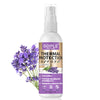 A white bottle of Goiple Thermal Protection spray with a silver pump dispenser and purple lavender flowers.
