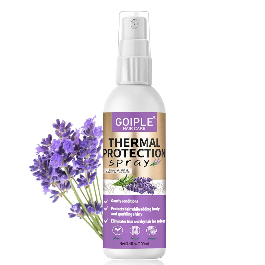 A white bottle of Goiple Thermal Protection spray with a silver pump dispenser and purple lavender flowers.