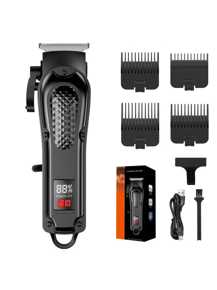 A black professional cordless and wired hair clippers set with various guard attachments.