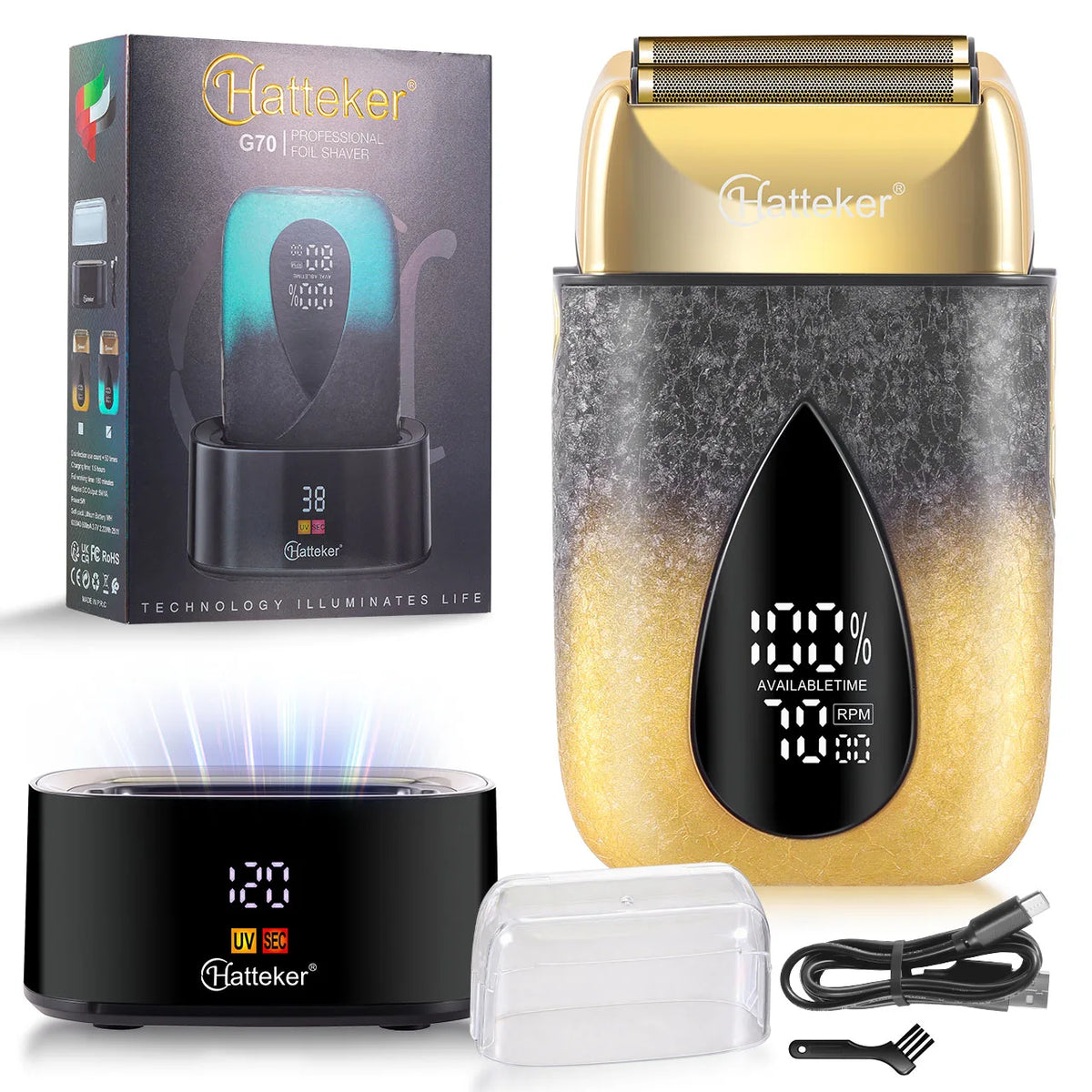 A Hatteker G70 professional foil shaver and accessories including a charging unit and power cord.