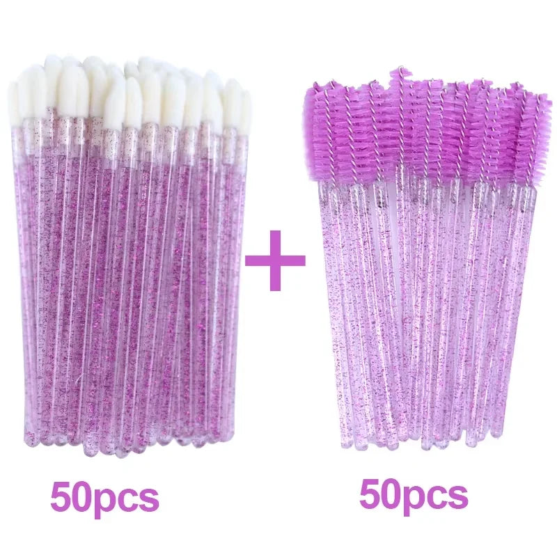 A set of 100 disposable eyelash and eyebrow brushes in purple color, shown as two bundles.