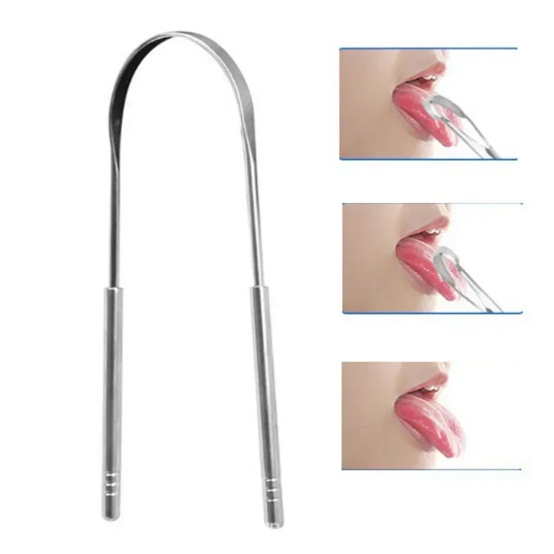 Reusable stainless steel tongue scraper shown in various angles for oral hygiene