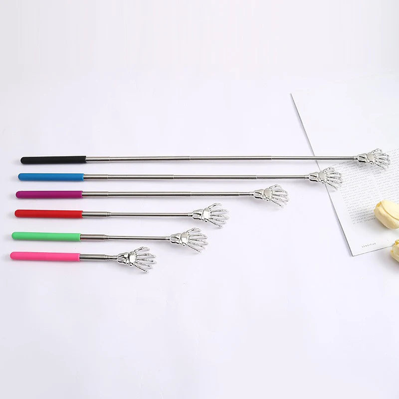 A collection of colorful telescoping stainless steel back massagers with various colored handles and metal tips.