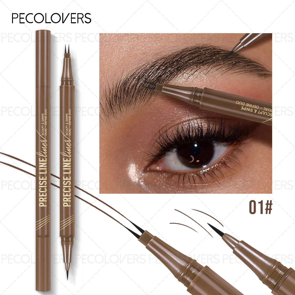 Double-ended waterproof eyebrow pencil in brown shade shown applying makeup to an eye.