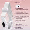 A white double chin reducer massager with a lifting belt, DC charging port, elastic arm, and switch buttons.