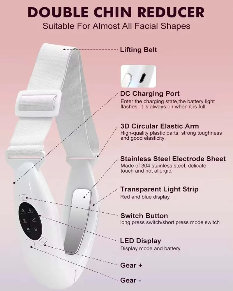 A white double chin reducer massager with a lifting belt, DC charging port, elastic arm, and switch buttons.