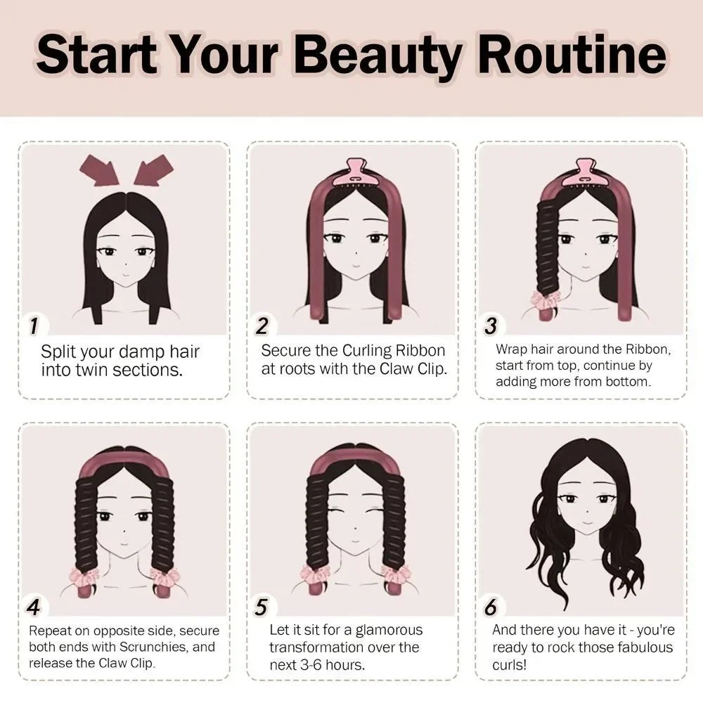 A six-step guide showing how to use a heatless curling kit with silk accessories to style hair.