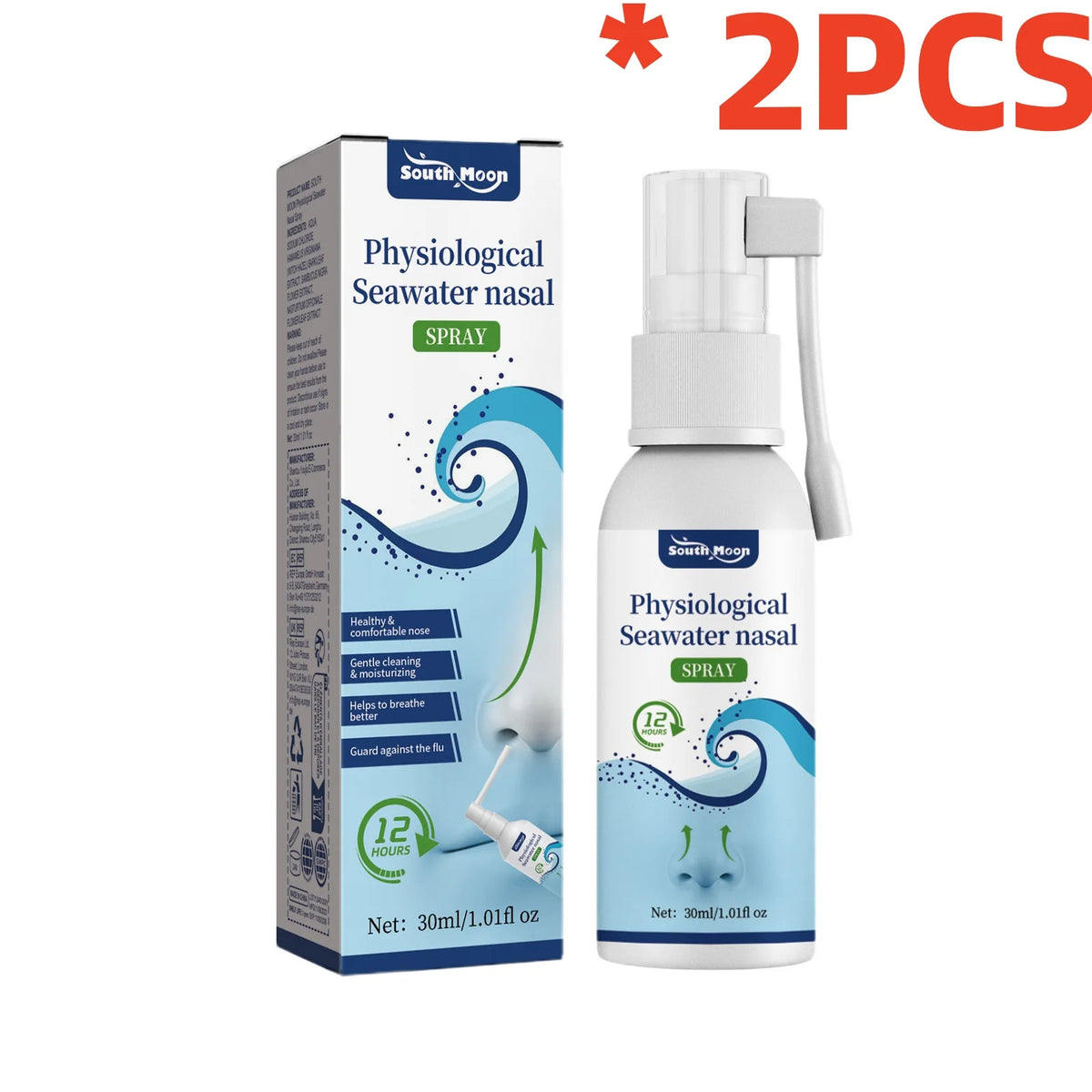 Deux flacons de spray nasal d'eau de mer physiologique South Moon pour un nettoyage doux de la cavité nasale