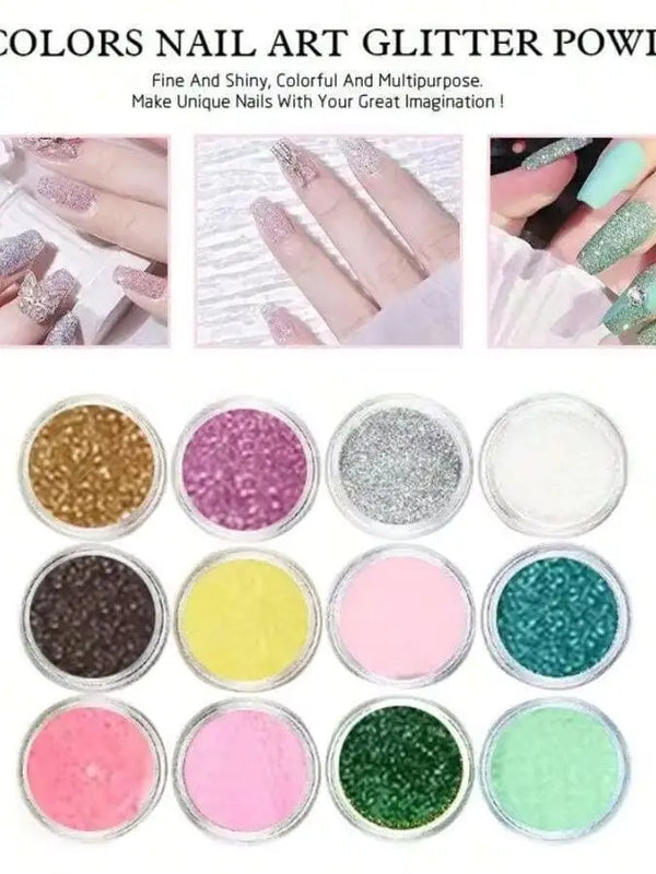 A collection of twelve loose glitter powders in various colors displayed in small circular containers.
