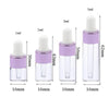 A set of ten glass dropper bottles with various volumes ranging from 1ml to 5ml, featuring purple and clear glass.