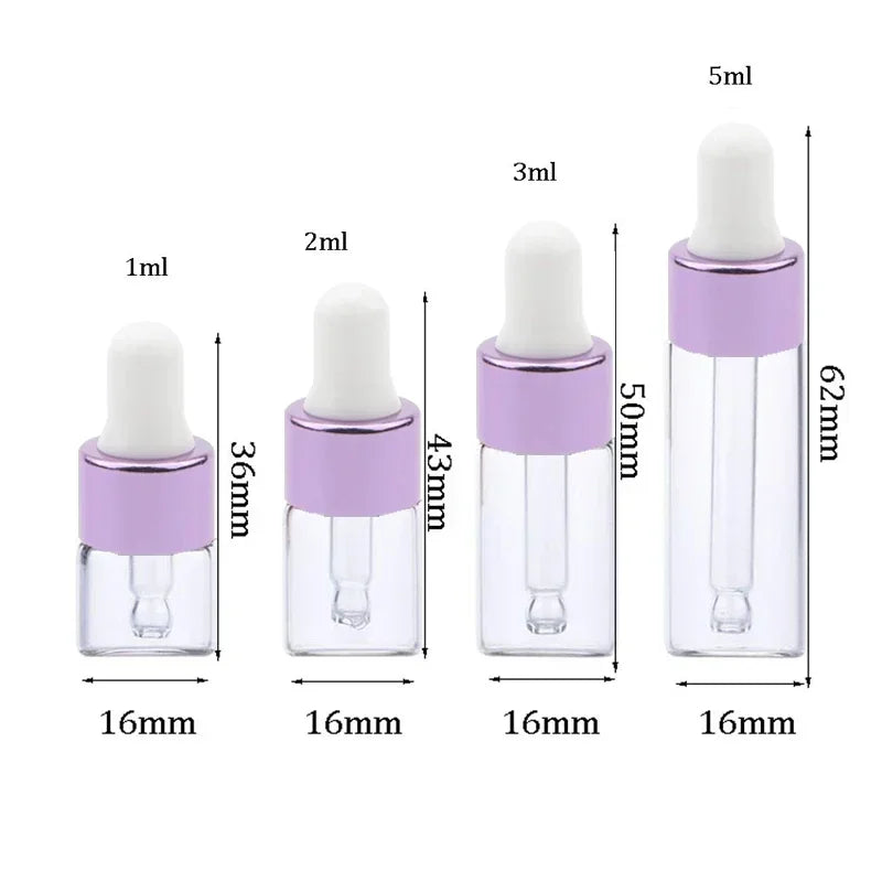 A set of ten glass dropper bottles with various volumes ranging from 1ml to 5ml, featuring purple and clear glass.