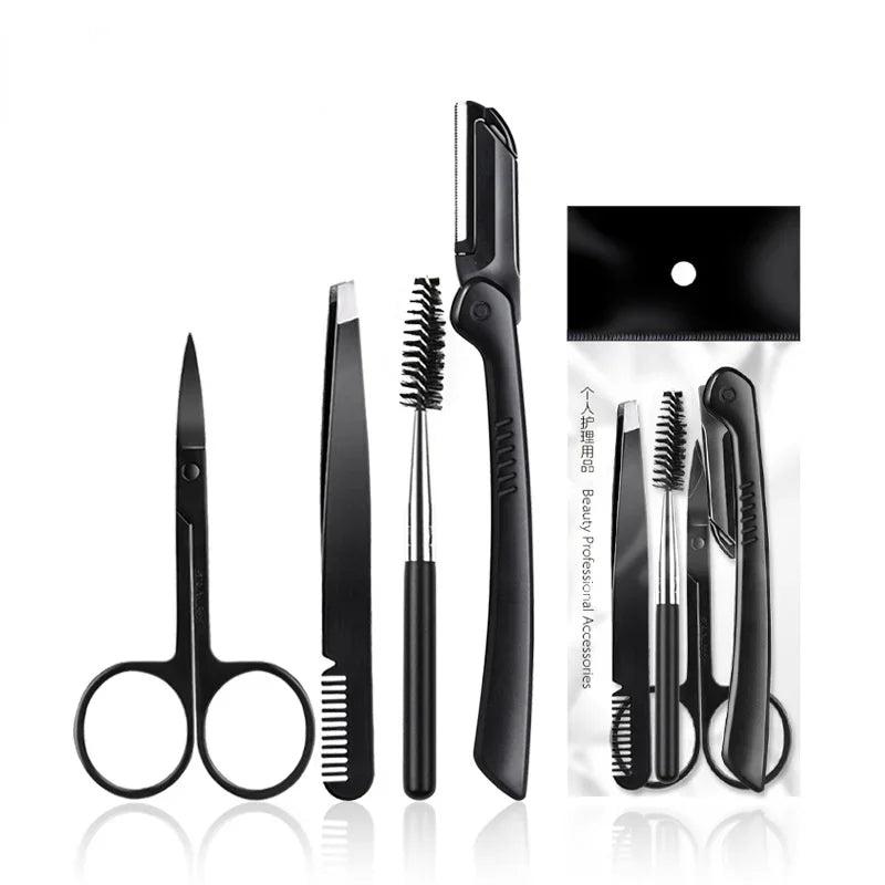 Un ensemble d'outils professionnels pour tailler et soigner les sourcils, incluant ciseaux, pinces et peignes.