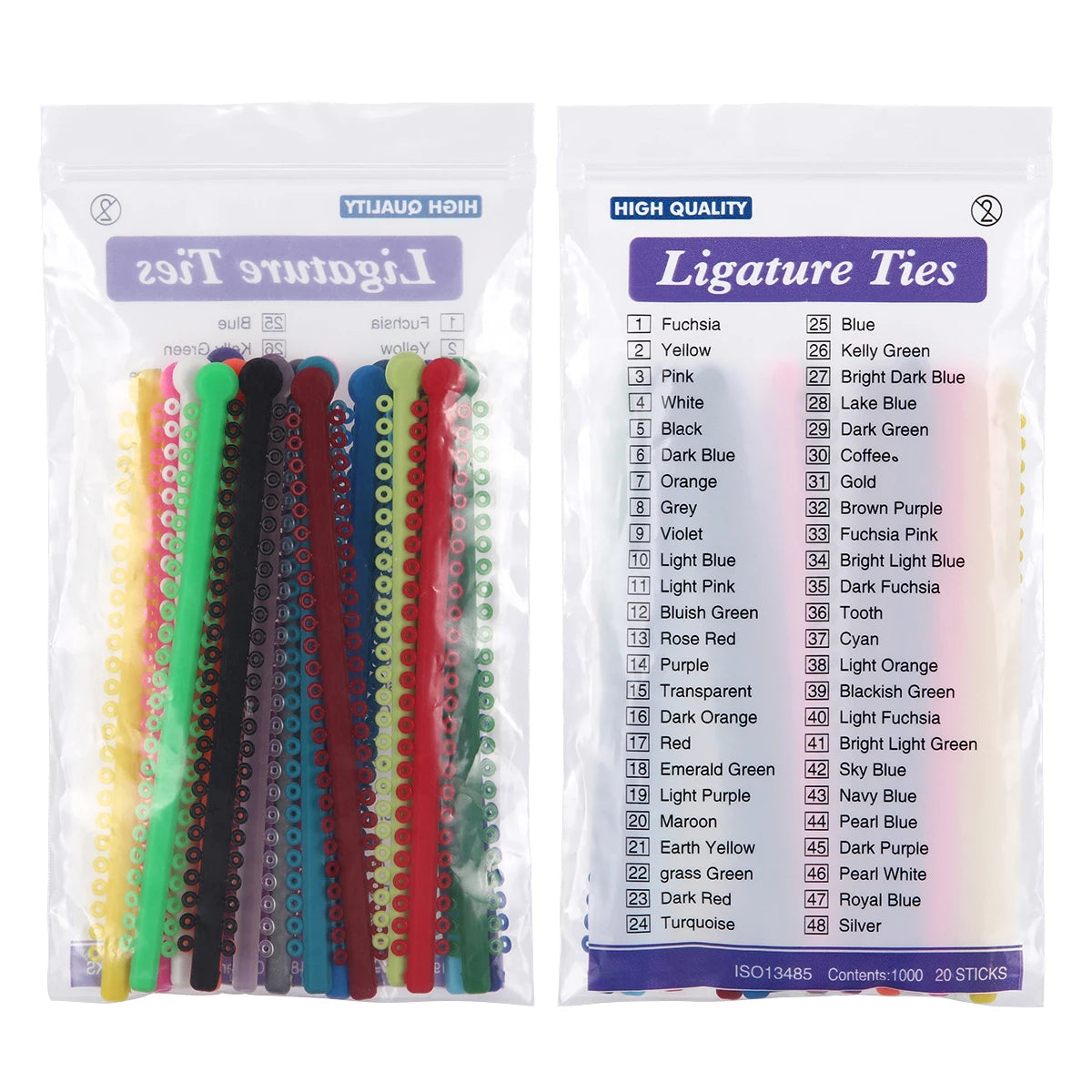 Pack of 20 clear plastic ligature ties in various colors including black, pink, yellow, and blue for dental orthodontics