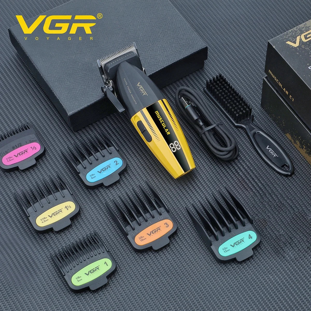 A set of VGR professional electric hair clippers and combs displayed on a dark gray surface.