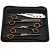 A black case holding a set of professional stainless steel hair cutting scissors and combs.