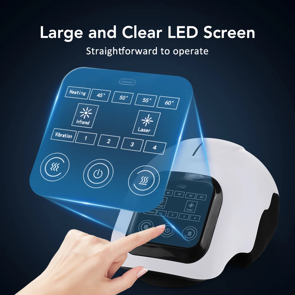 A hand interacts with a white infrared knee massager featuring a large LED screen displaying various functions like heating, 