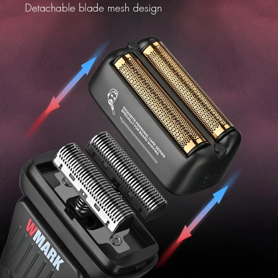 A black rotary hair trimmer with a detachable blade mesh design and a separate grooming tool shown against a dark background.