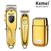 A set of Kemei professional rechargeable electric hair clippers in gold color, shown in various forms.