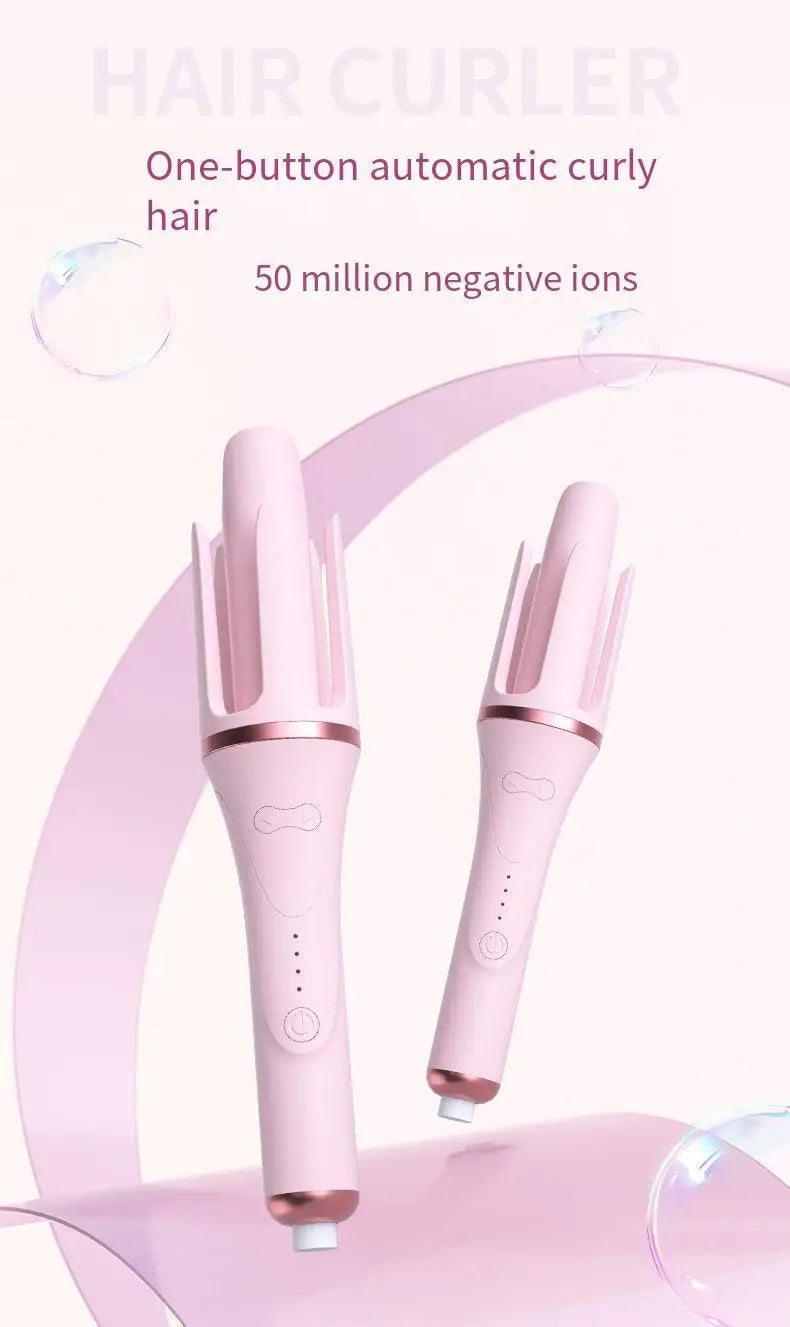 A pink one-button automatic hair curler with a barrel, shown against a light pink background.