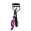 A black professional eyelash curler with pink replacement pads.