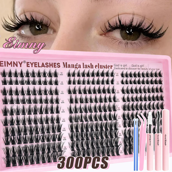 A box of Eimny Manga lash clusters for DIY volume lash extensions, showing various lash styles and tools.